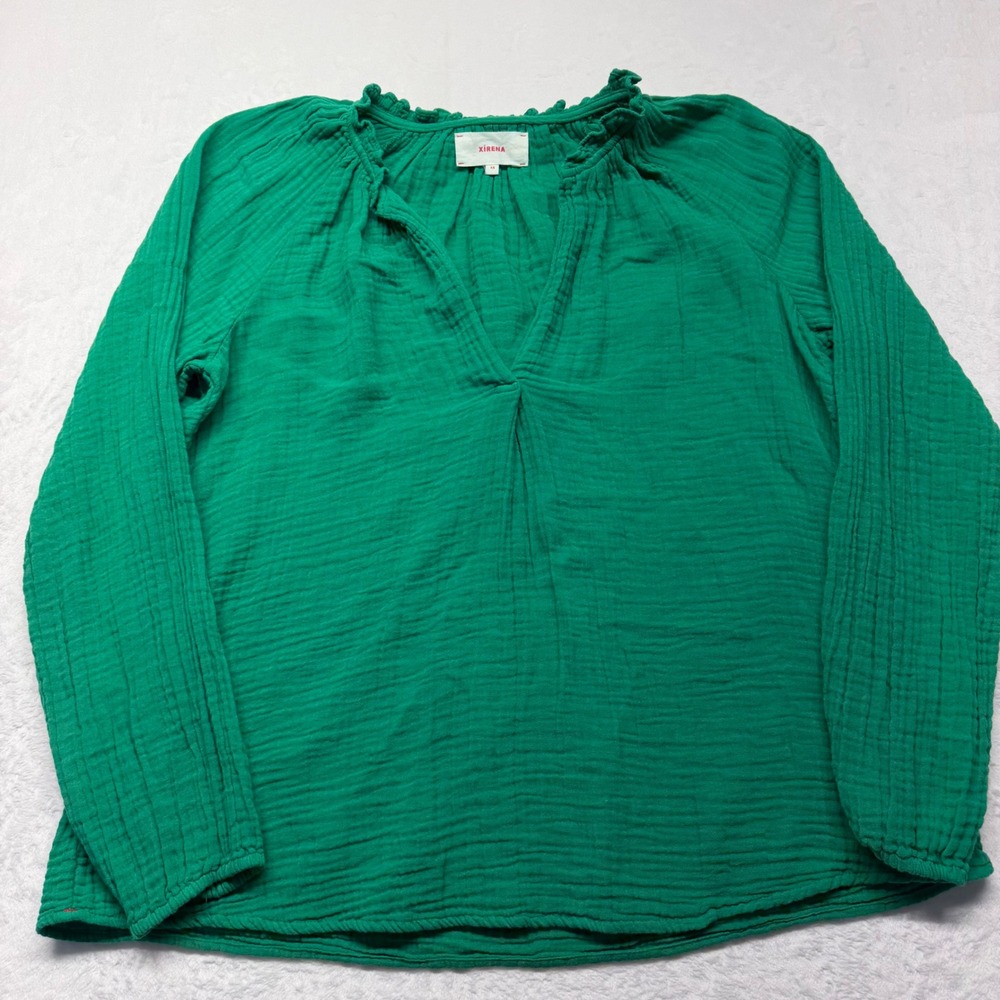 Xirena Cotton Gauze Blouse XS Green Ruffle Split Neck Long Sleeve Boho Top